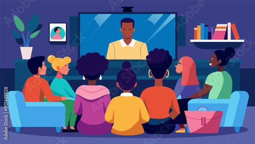 A group of friends of different ages gathered in a living room watching a documentary about the history of Juneteenth and exchanging personal insights. Vector illustration