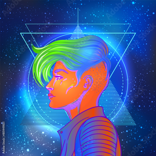Portrait of a young pretty androgynous woman with short shaved pixie undercut in retro futurism style. Vector illustration in neon bright colors. Dyed short hair. futuristic synth wave flyer template