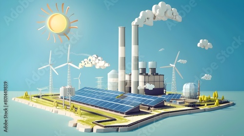 Solar Thermal Power Plant Diagram: Mirrors Focus Sunlight onto Receiver for Steam-Driven Turbine photo