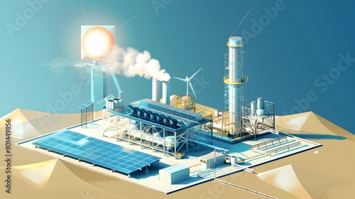 Diagram of Solar Thermal Power Plant by Illustrator: Converting Sunlight into Steam and Electricity photo