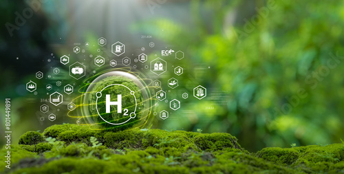 H2 concept on hydrogen energy innovation. Zero Emission Technology environmentally friendly industry and alternative energy in the future for the net zero goal. Green H2 icon on crystal globe