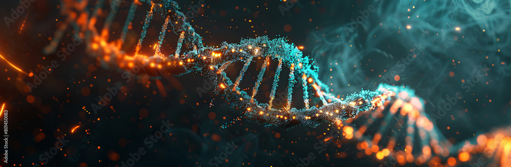 DNA double helix with glowing particles on dark background, turquoise ...
