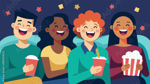 A group of friends watch a comedy film at the festival laughing and enjoying themselves as they take a break from the more serious and. Vector illustration