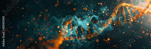 DNA double helix with glowing particles on dark background, turquoise and orange color scheme, highly detailed  photo