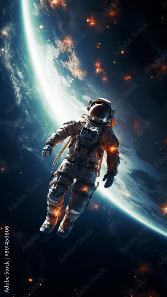 In the embrace of the cosmos an astronaut drifts serenely against the backdrop of a glowing planet and swirling galaxy a testament to the beauty of the universe. Fantasy cosmic trip