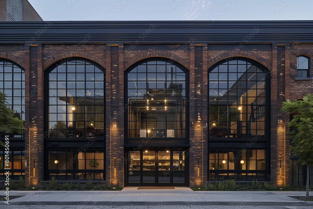 Obraz premium Facade of a modern building with large windows in the evening