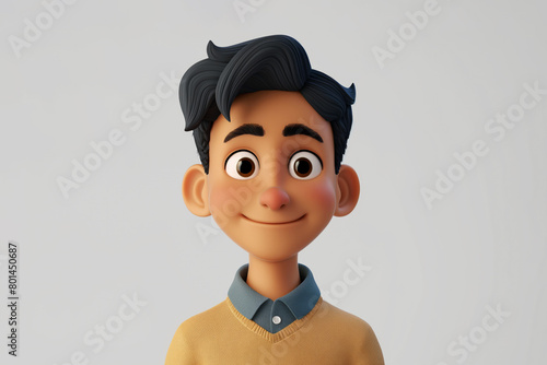 Smiling funny Indian cartoon character adult man male person portrait wearing yellow sweater in 3d style design on light background. Human people feelings expression concept