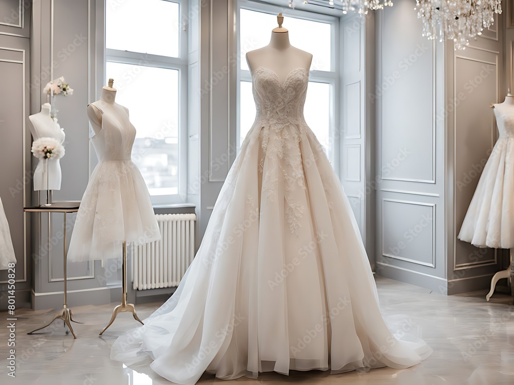 A beautiful, stylish wedding dress or bridal dress hanging on a mannequin in a luxury boutique. Fashion look. Interior of bridal salon design. A beautiful, stylish wedding dress or bridal dress hanging on a mannequin in a luxury boutique. Fashion look. Interior of bridal salon design.