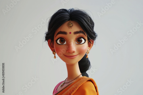 Smiling Indian cartoon character adult woman female girl person portrait wearing traditional clothes in 3d style design on light background. Human people feelings expression concept