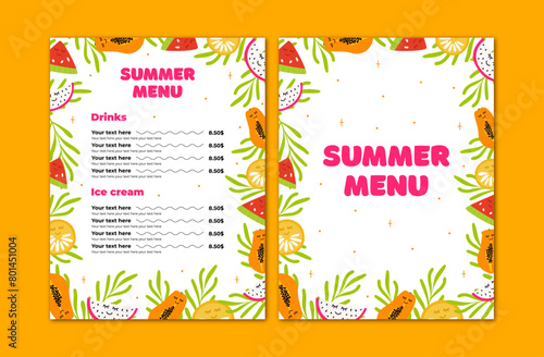 Orange green brochure, summer menu template with sample text,vector illustration of hand draw tropical leaves.Illustration of fruits,watermelon, orange, dragon fruit and papaya. Copy space.