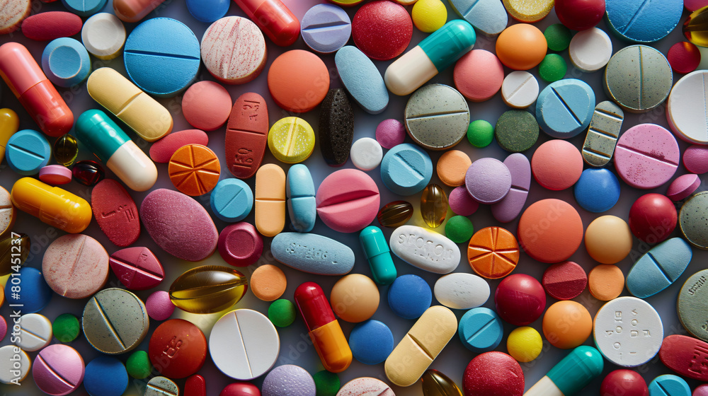 An array of multicolored pharmaceutical pills and capsules, including opioids, vitamins, and a variety of medicines An array of multicolored pharmaceutical pills and capsules, including opioids, vitamins, and a variety of medicines