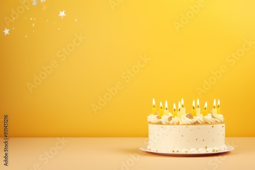 Yellow background with birthday cake with candles pastel backdrop empty blank copyspace for design text photo website web banner backdrop texture  photo