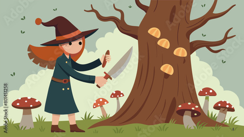 With a rusted knife the witch scs the bark of a twisted tree gathering fungi and mushrooms to add to her potion of panic amplifying its effects..