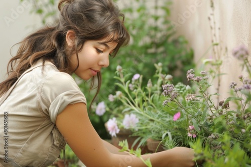 Young Hispanic Woman Embraces Organic Gardening in Serene Backyard Oasis