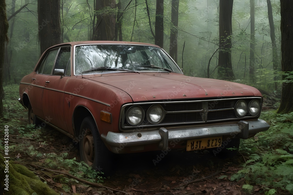 Abandoned red car in the forest