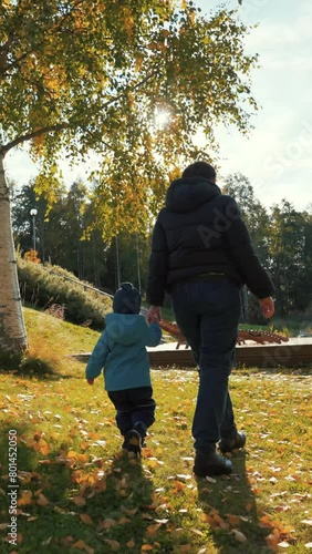 Woman holds hand of son walking on lawn near birch trees on sunny autumn day. Mother and toddler enjoy time in countryside backside view slow motion Vertical footage.