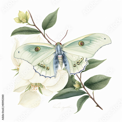 Delicate Luna Moth on White Blossoms - Pencil Drawn Nature Scene butterflt green leaves white flower Chinoiserie  photo