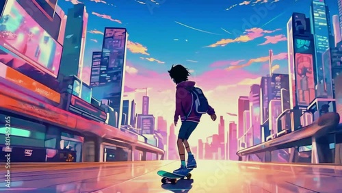 School Boy in a city playing, Anime style Seamless loop hip-hop chill music lofi bites vibes Relaxing animation photo
