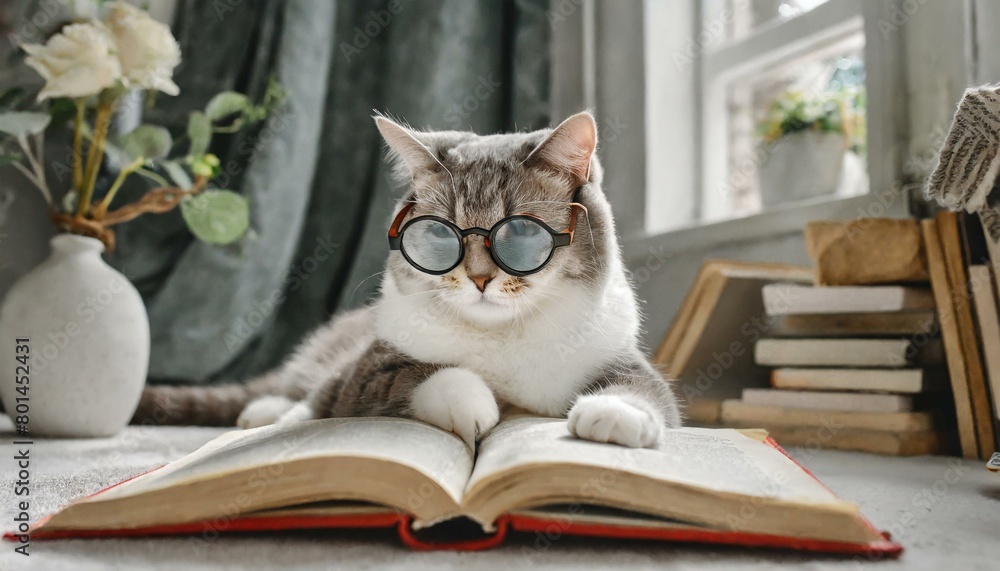 眼鏡をかけて本を読む猫 眼鏡をかけて本を読む猫