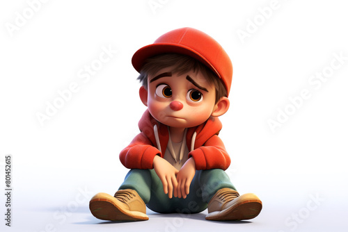 Sad stressed upset cartoon character boy kid child young male person sitting on floor wearing red hat in 3d style design on light background. Human people feelings expression concept
