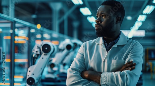 Portrait of a Thoughtful Middle Aged black Engineer Monitoring and Analyzing Conditions at a Modern Electronics Factory with Automated Robots Working. Quality inspector and manual worker in a factory.