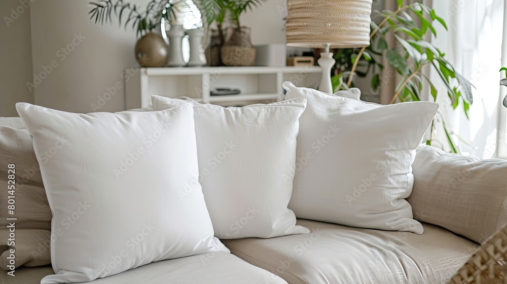 View of white square throw pillows adorning a couch in a modern living room ...