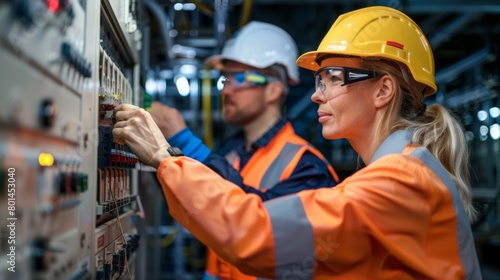 Technicians Working at Control Panel.