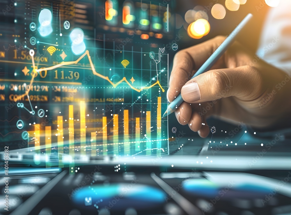 Businessman hand drawing graph of business growth and success on modern virtual screen with marketing strategy in the style of market concept background Businessman hand drawing graph of business growth and success on modern virtual screen with marketing strategy in the style of market concept background