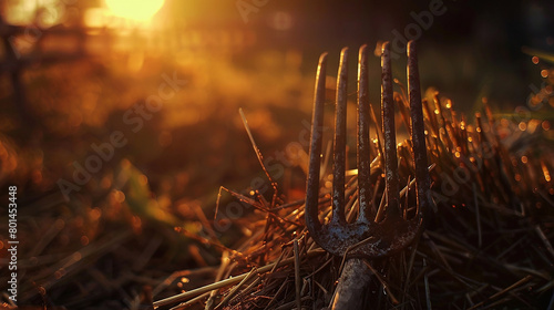 A close-up of a weathered pitchfork resting against a haystack, its tines catching the warm glow of the setting sun. photo