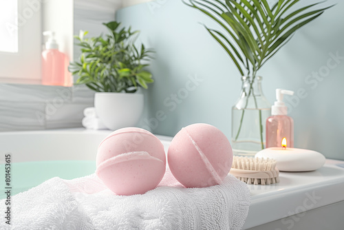 Pink bath bombs on white towel in modern bathroom