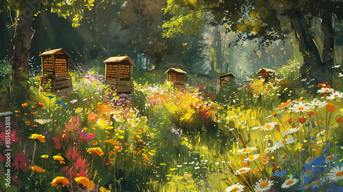 A cluster of beehives nestled amidst colorful wildflowers, buzzing with activity on a bright summer day. photo