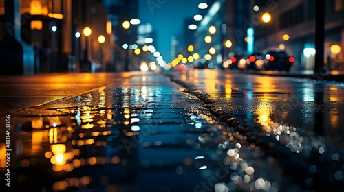 Vector illustration of a wet street at night with lights on