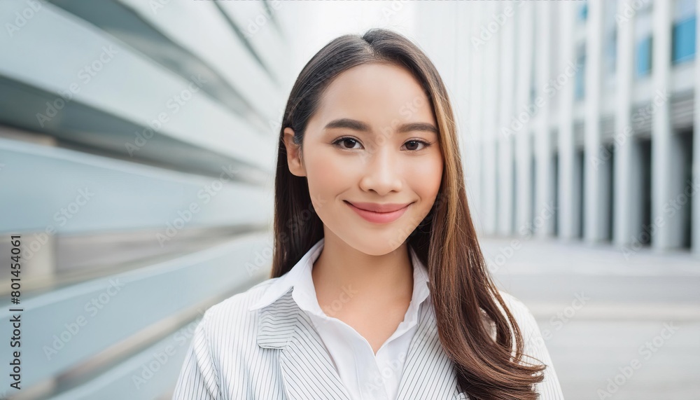 Close up of young smiling asian business woman standing on street in city Close up of young smiling asian business woman standing on street in city