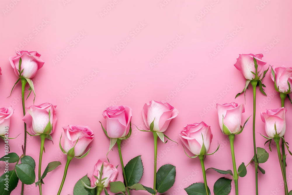 Greeting background with freshly pink roses flowerson a pink background . Festive banner for birthday, mother's day,