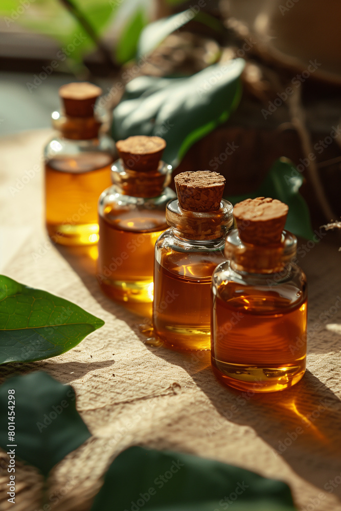 Essential oil in small glass bottles with green leaves on the table Essential oil in small glass bottles with green leaves on the table