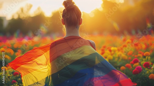 back of girl with flag of rainbow