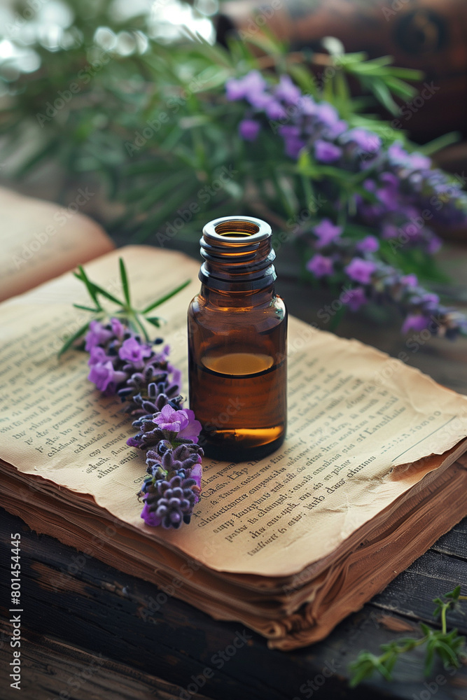 Bottles with essential oil on table, closeup Bottles with essential oil on table, closeup