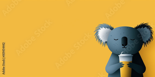 Cute koala holding a cup of coffee on yellow background, copy space photo