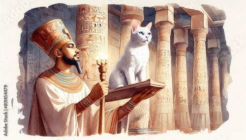 A sacred white cat and a priest in the ancient world