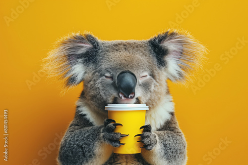 Cute koala with a cup of coffee on a yellow background, copy space photo