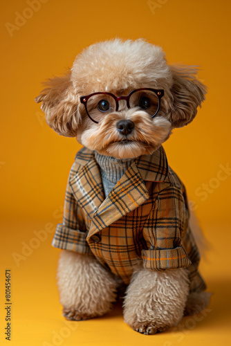 cute poodle wearing eyeglasses on yellow background © Anastasiia Trembach