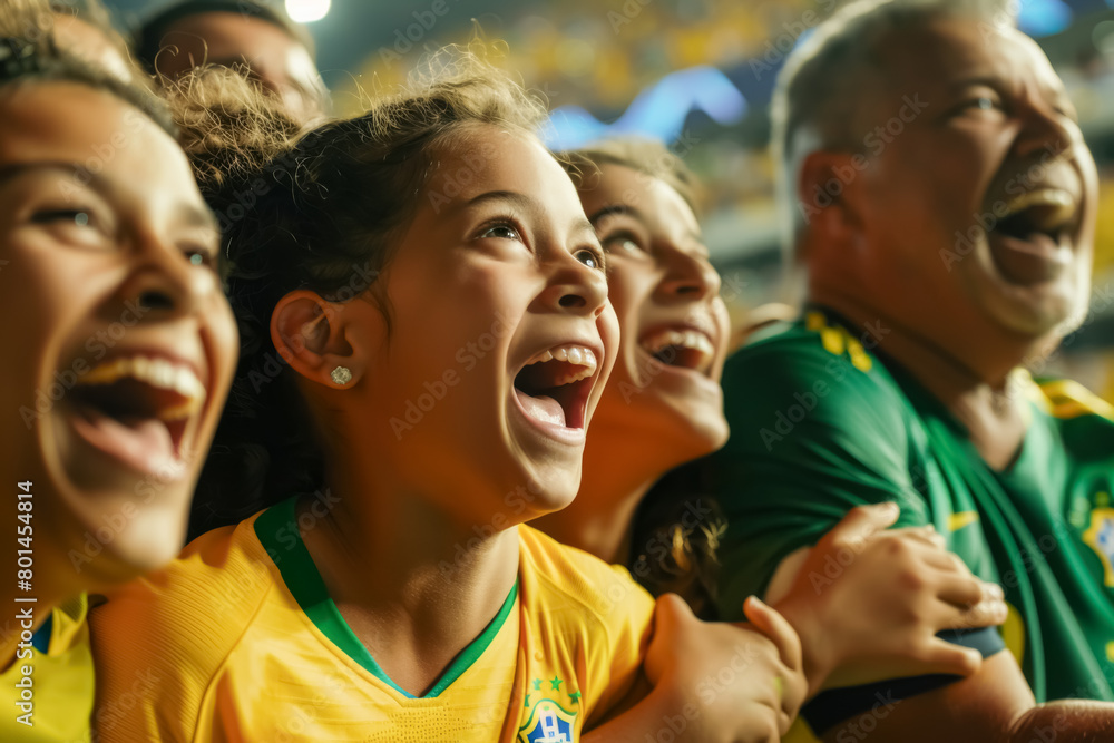 Brazilian football soccer fans in a stadium supporting the national team, little girl, Seleção
Brazilian football soccer fans in a stadium supporting the national team, little girl, Seleção