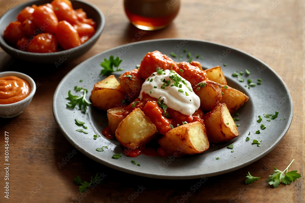 homemade potato wedges with sour cream and peeled tomatoes homemade potato wedges with sour cream and peeled tomatoes