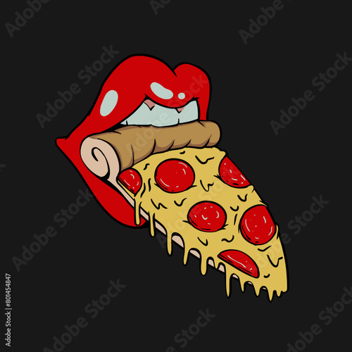 Mouth biting Pizza Cartoon Vector Illustration