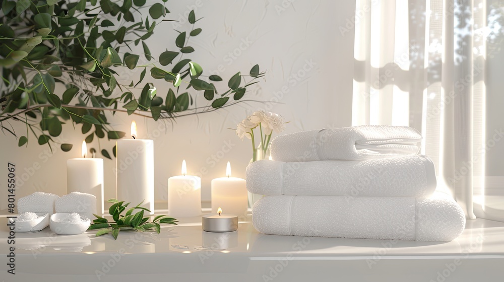 white towels topped with flickering candles, nestled amidst an array of flowers and plants, evoking a serene spa ambiance.