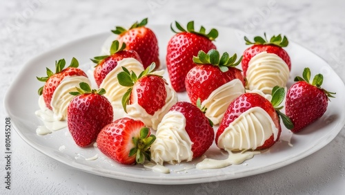 Strawberries in white chocolate. Promotional photo.