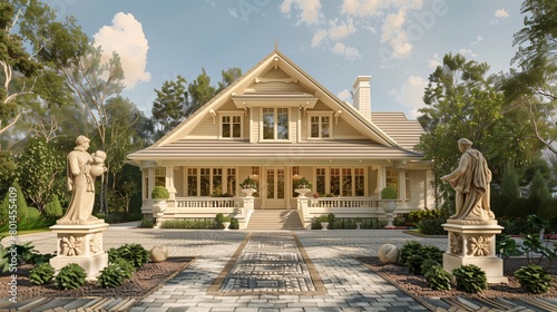 Digital artwork of a beige Craftsman house with ornate statues and a brick driveway.