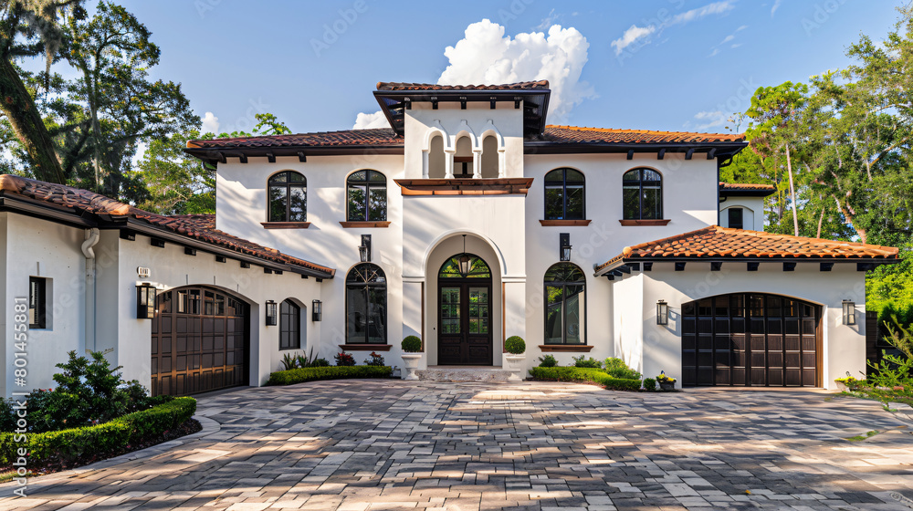 front view of beautiful white and black Spanish style home with dark brown accents, paver driveway, cinematic, Nikon D850 camera