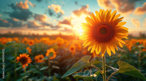 Sunset Over Vibrant Sunflower Field with Dramatic Sky