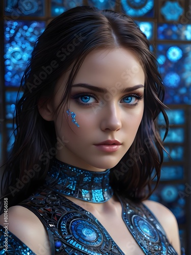 a woman with blue eyes and a tattoo on her face